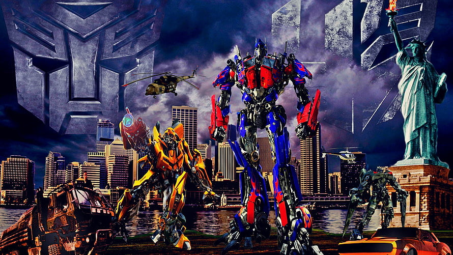 Transformers Team Standing in New York City with Optimus Prime and Bumblebee HD wallpaper