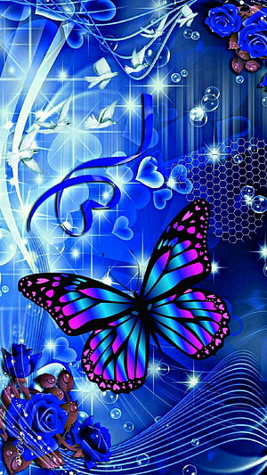 Vibrant Blue Butterfly with Purple Wings, Roses, and Doves in a Sparkling Abstract Design HD phone wallpaper