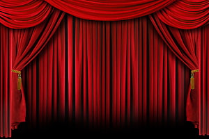 Classic Red Velvet Theatre Stage Curtain With Gold Tassels And Swagged Valance HD wallpaper