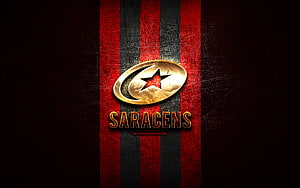 Saracens FC Golden Emblem on Distressed Red and Black Striped Rugby Background HD wallpaper