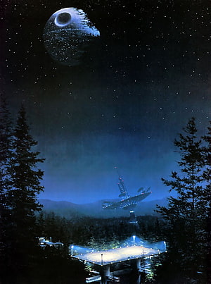 Star Wars Death Star Over Endor Forest with Imperial Shuttle and Landing Pad at Night HD phone wallpaper