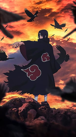 Itachi Uchiha in Akatsuki Cloak Standing on Rocks at Sunset with Crows HD phone wallpaper