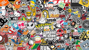 Dense Pop Culture Sticker Bomb Collage with Cartoon Characters and Brand Logos HD wallpaper