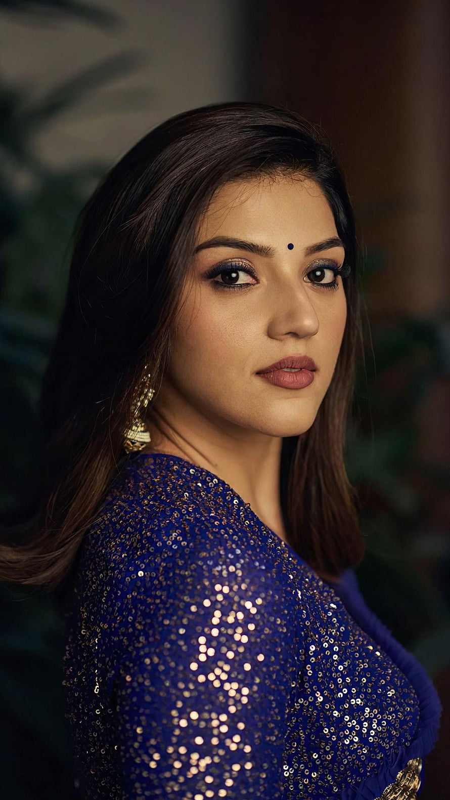 Mehreen Pirzada in a Blue Sequined Outfit with Gold Earrings and a Bindi HD phone wallpaper