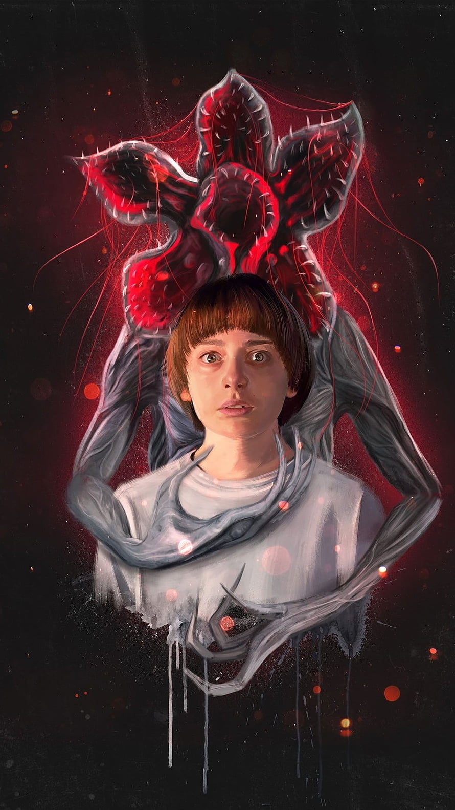Stranger Things Eleven with Demogorgon Entity Emerging Behind Her in Dark Surreal Digital Art HD phone wallpaper