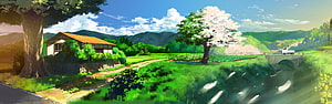Studio Ghibli Style Countryside Landscape with Cherry Blossom Tree and Stone Bridge HD wallpaper