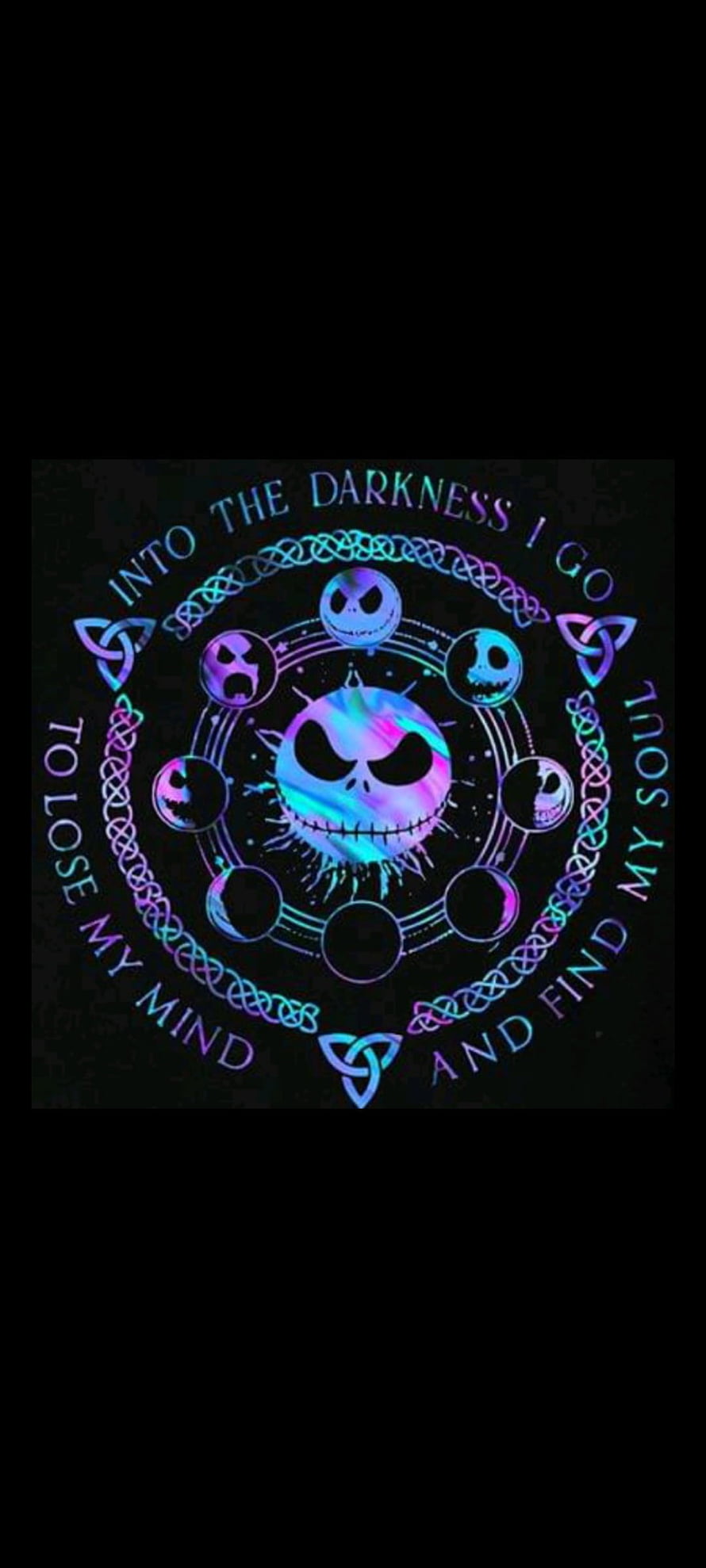 Jack Skellington Moon Phase Mandala with Iridescent Neon Glow on Black Background HD phone wallpaper