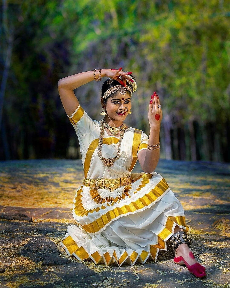 Mohiniyattam Dancer in Traditional White and Gold Attire Performing Classical Indian Dance HD phone wallpaper