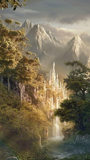 Lord of the Rings Fantasy Landscape with Majestic White Castle and Misty Mountains HD phone wallpaper