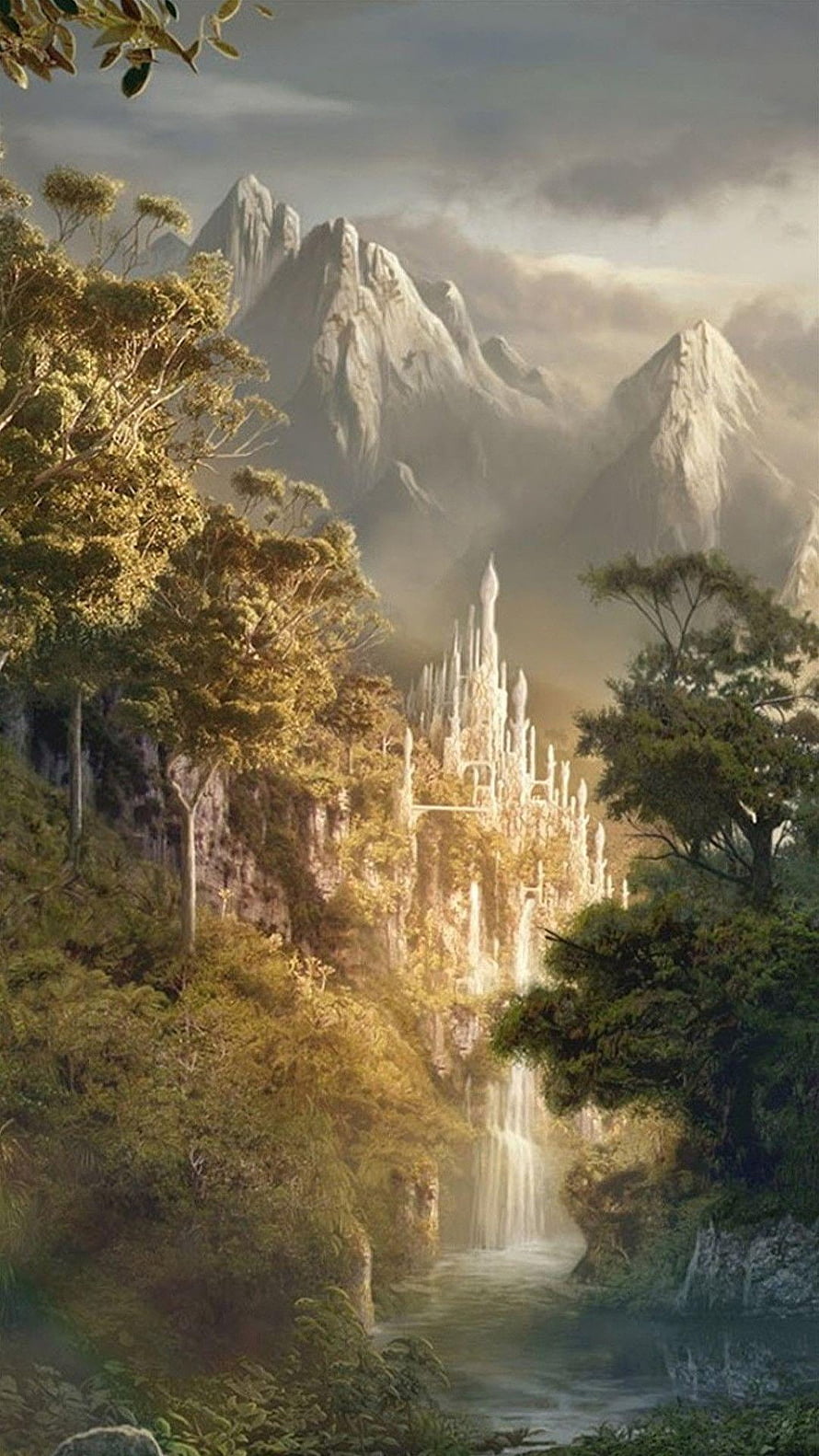Lord of the Rings Fantasy Landscape with Majestic White Castle and Misty Mountains HD phone wallpaper