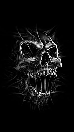 Dark Gothic Skull with Thorny Tendrils and Glowing Bones on Black Background HD phone wallpaper