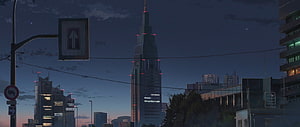 Kimi No Na Wa Anime City Skyline at Dusk with Towering Skyscraper and Street Sign HD wallpaper
