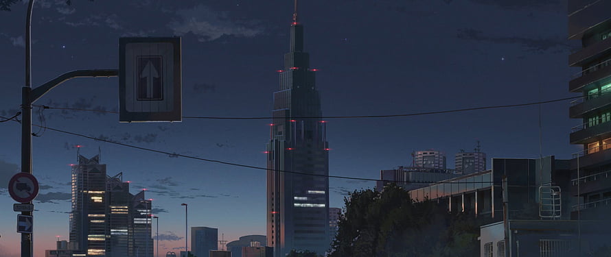 Kimi No Na Wa Anime City Skyline at Dusk with Towering Skyscraper and Street Sign HD wallpaper
