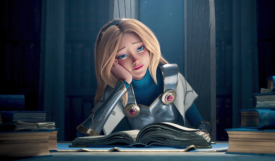 Lux from League of Legends studying in a dimly lit library with open books and silver armor HD wallpaper