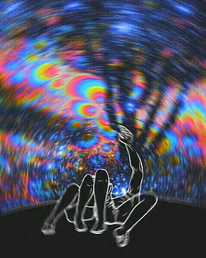Psychedelic Artwork Featuring Silhouetted Figures Against a Swirling Neon Cosmic Background HD phone wallpaper