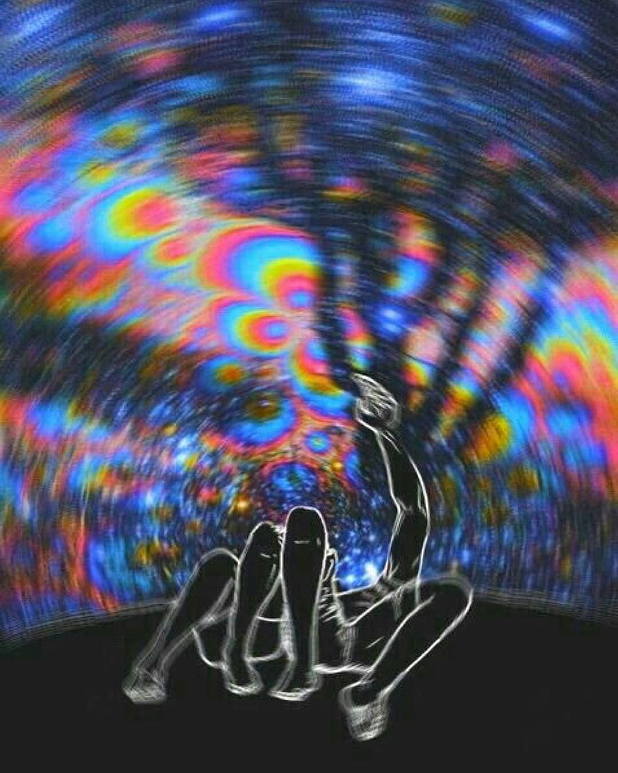 Psychedelic Artwork Featuring Silhouetted Figures Against a Swirling Neon Cosmic Background HD phone wallpaper