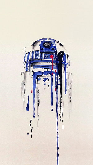 Star Wars R2-D2 Watercolor Drip Painting with Blue and Black Ink on White Background HD phone wallpaper
