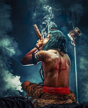 Lord Shiva Meditating with Trishul and Rudraksha in Mystical Smoke HD phone wallpaper