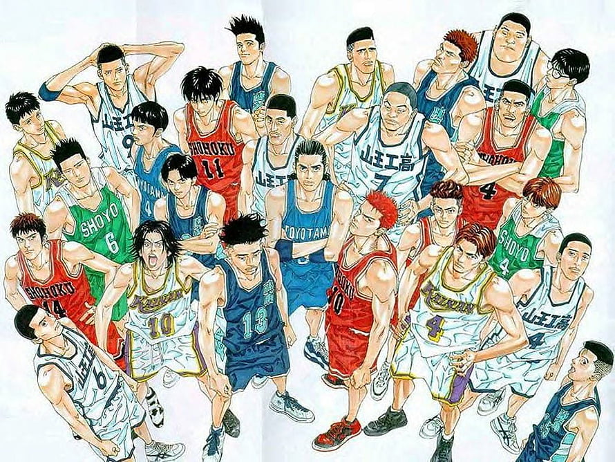 Slam Dunk Manga Team Lineup Illustration Featuring Shohoku and Ryonan Basketball Players HD wallpaper