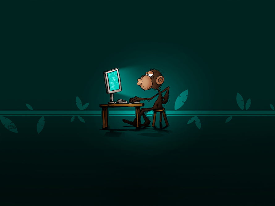 Cartoon Monkey Programmer at Computer Desk with Dark Teal Background HD wallpaper