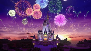 Disney Magical World Castle at Dusk with Colorful Fireworks Over a Purple Sky HD wallpaper