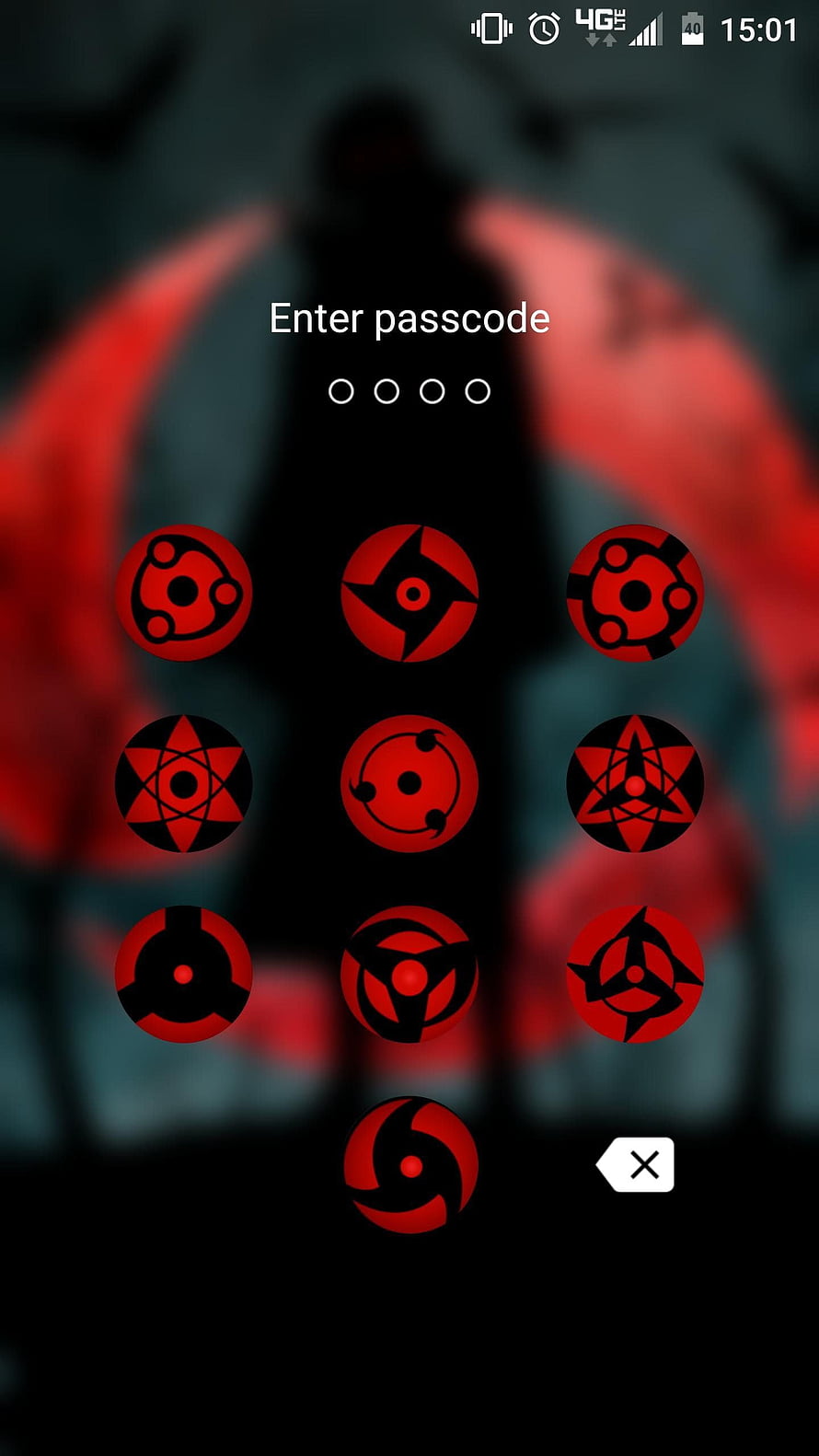 Naruto Sharingan Eye Pattern Phone Lock Screen with Dark Silhouette Background HD phone wallpaper