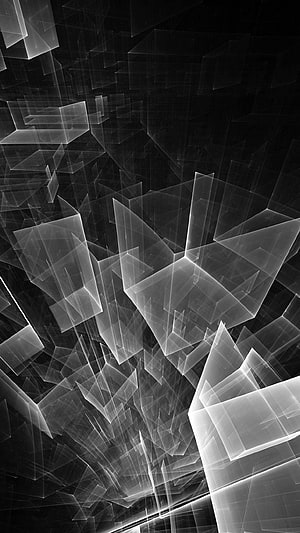 Monochrome Geometric Shards and Translucent Cubes on a Deep Black Background HD phone wallpaper