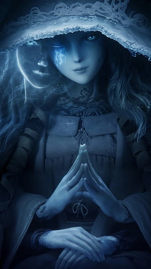 Renna the Witch from Elden Ring in a dark blue fantasy portrait with glowing eyes and hands clasped in prayer HD phone wallpaper