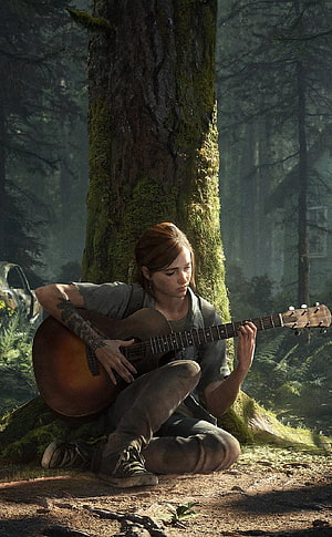Ellie from The Last of Us Part II playing acoustic guitar in a misty forest HD phone wallpaper