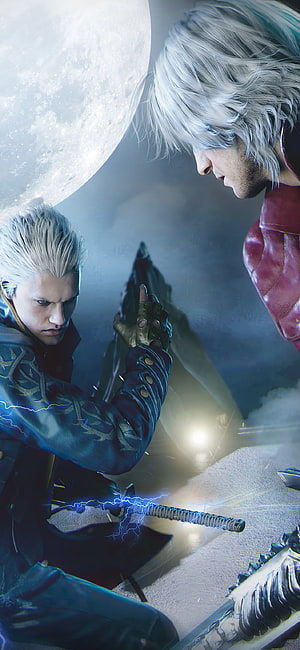 Devil May Cry Dante and Vergil Confrontation Under a Full Moon HD phone wallpaper