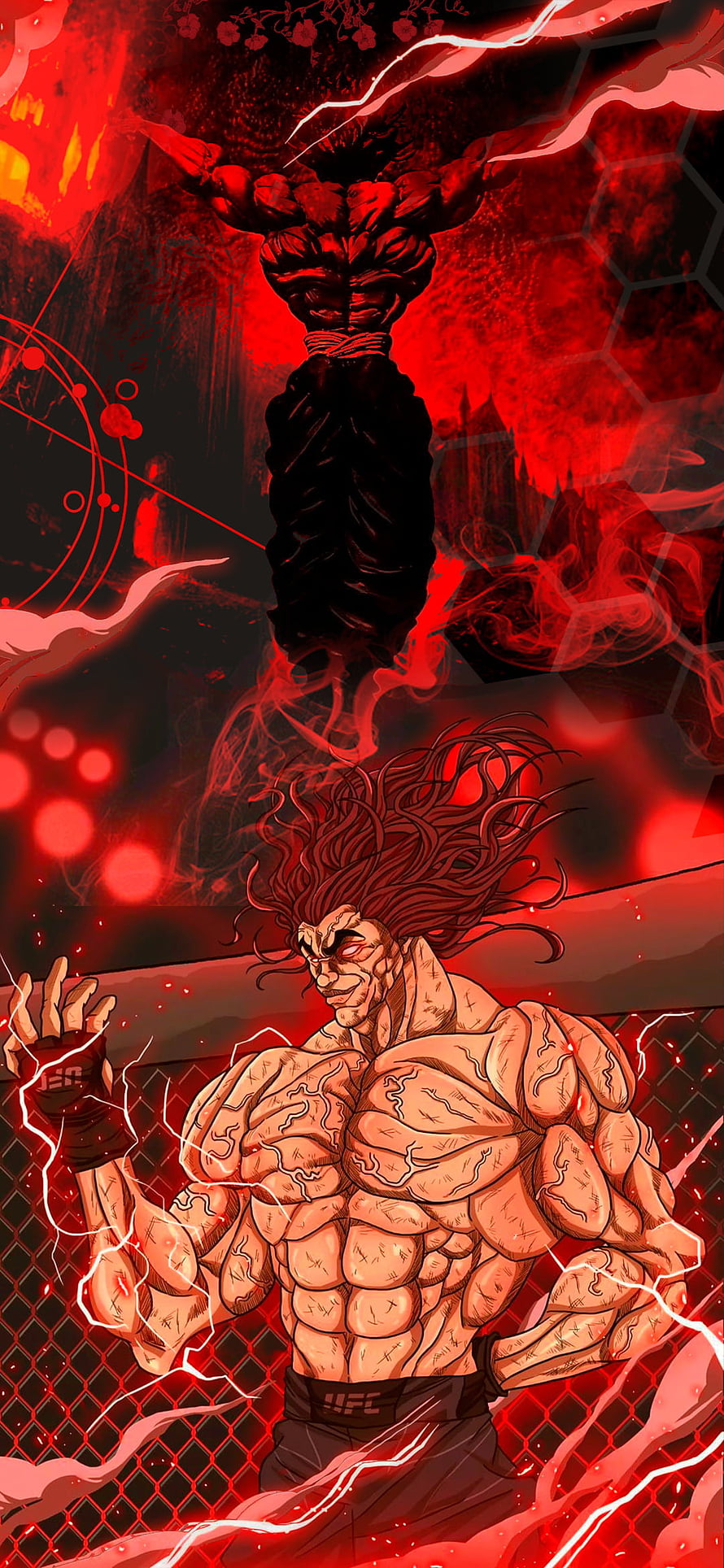 Yujiro Hanma from Baki in Intense Fighting Stance with Red Energy Aura HD phone wallpaper