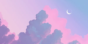 Dreamy Pastel Sky with Soft Pink Clouds and Crescent Moon Illustration HD wallpaper