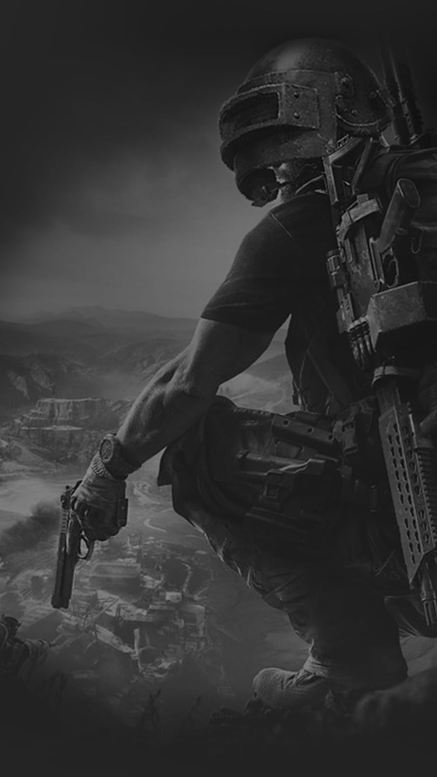 PUBG Soldier in Tactical Gear Holding Pistol Over Mountainous Battlefield HD phone wallpaper