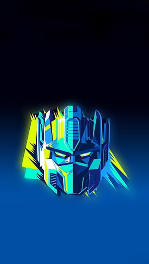 Neon Optimus Prime G1 Style Vector Portrait with Cyan and Yellow Glow on Dark Blue Background HD phone wallpaper