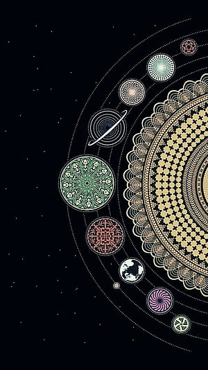 Ornate Celestial Solar System Illustration with Mandala Planets on Dark Starry Background HD phone wallpaper