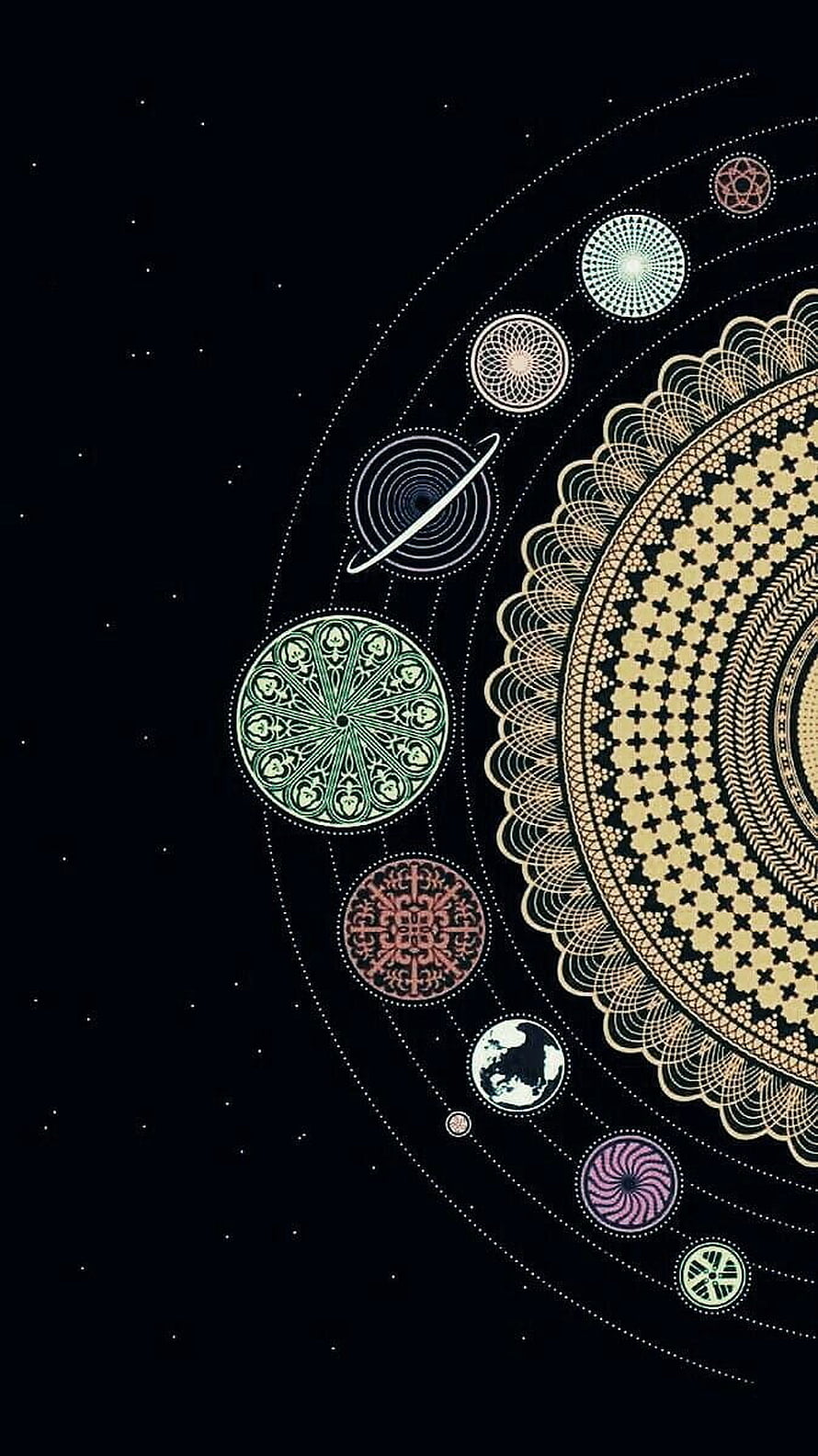 Ornate Celestial Solar System Illustration with Mandala Planets on Dark Starry Background HD phone wallpaper