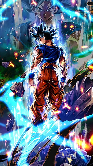 Goku Ultra Instinct Sign Character Art with Blue Aura and Floating Rocks HD phone wallpaper