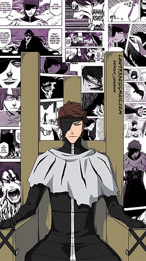 Sosuke Aizen Bleach Anime Character Sitting on Throne with Manga Panels Background HD phone wallpaper