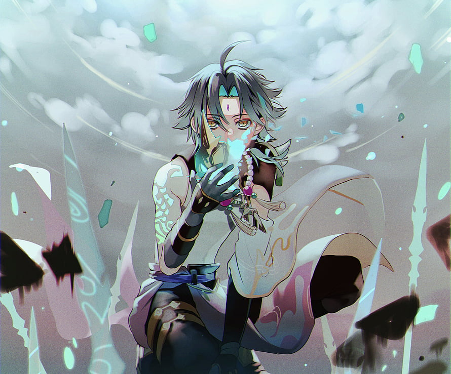 Xiao from Genshin Impact channeling ethereal energy in a mystical anime illustration HD wallpaper
