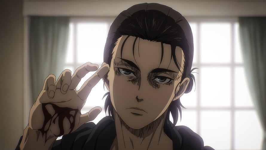 Eren Yeager from Attack on Titan in a somber indoor scene with a bloodied hand raised near his face HD wallpaper