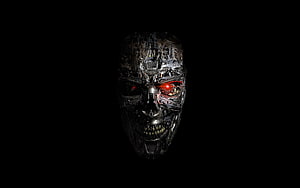 Terminator Endoskeleton Face with Glowing Red Eyes on Black Background HD wallpaper