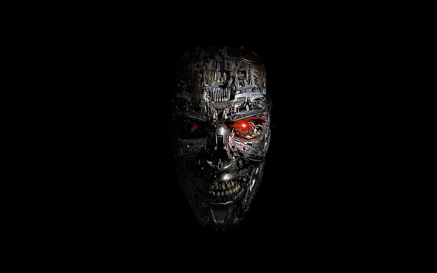 Terminator Endoskeleton Face with Glowing Red Eyes on Black Background HD wallpaper
