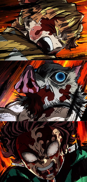 Demon Slayer Upper Moon Battle Scene Featuring Inosuke, Zenitsu, and Tanjiro in Intense Combat HD phone wallpaper