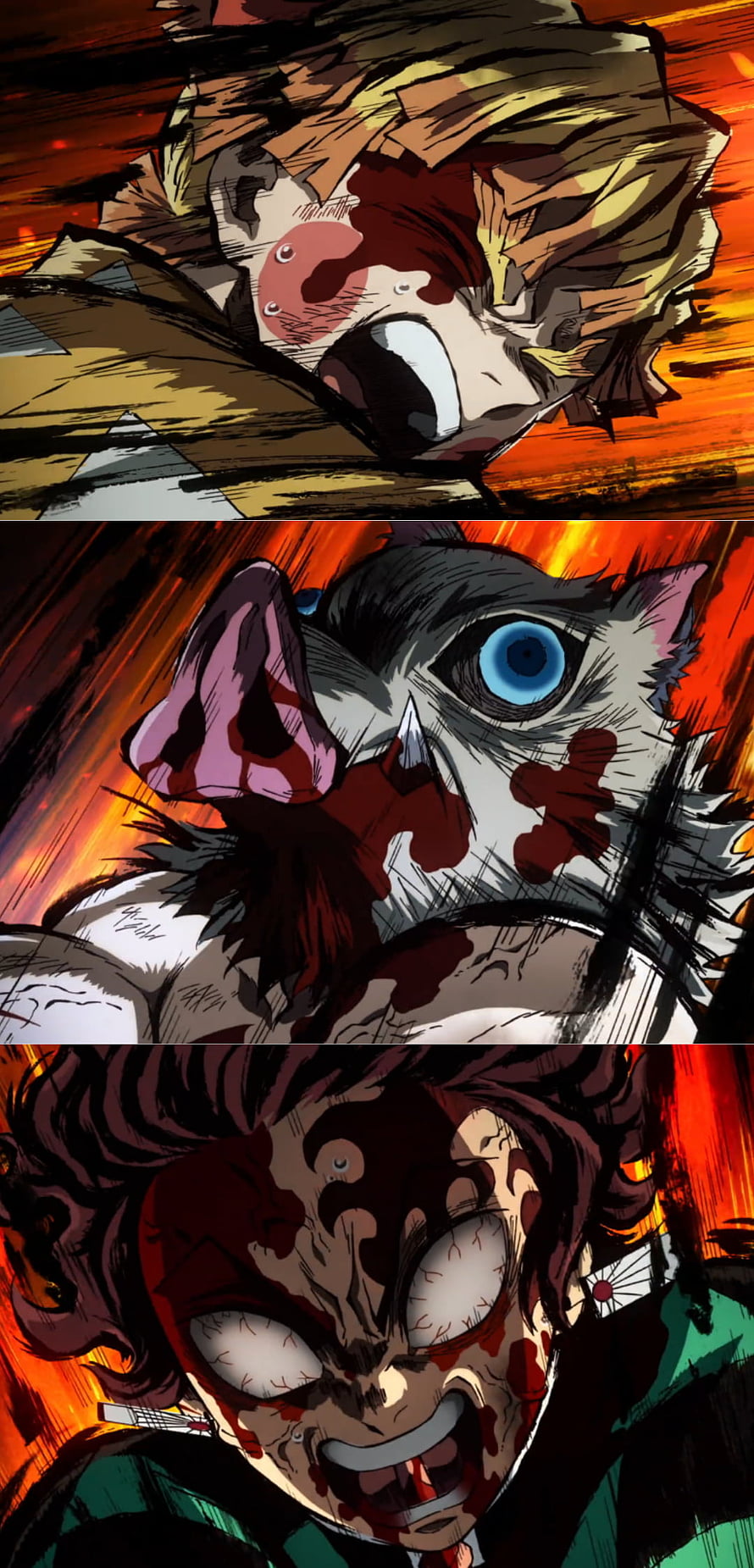 Demon Slayer Upper Moon Battle Scene Featuring Inosuke, Zenitsu, and Tanjiro in Intense Combat HD phone wallpaper