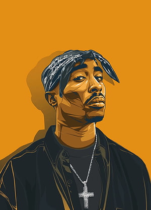Tupac Shakur Digital Portrait Illustration with Bandana and Cross Necklace on Orange Background HD phone wallpaper