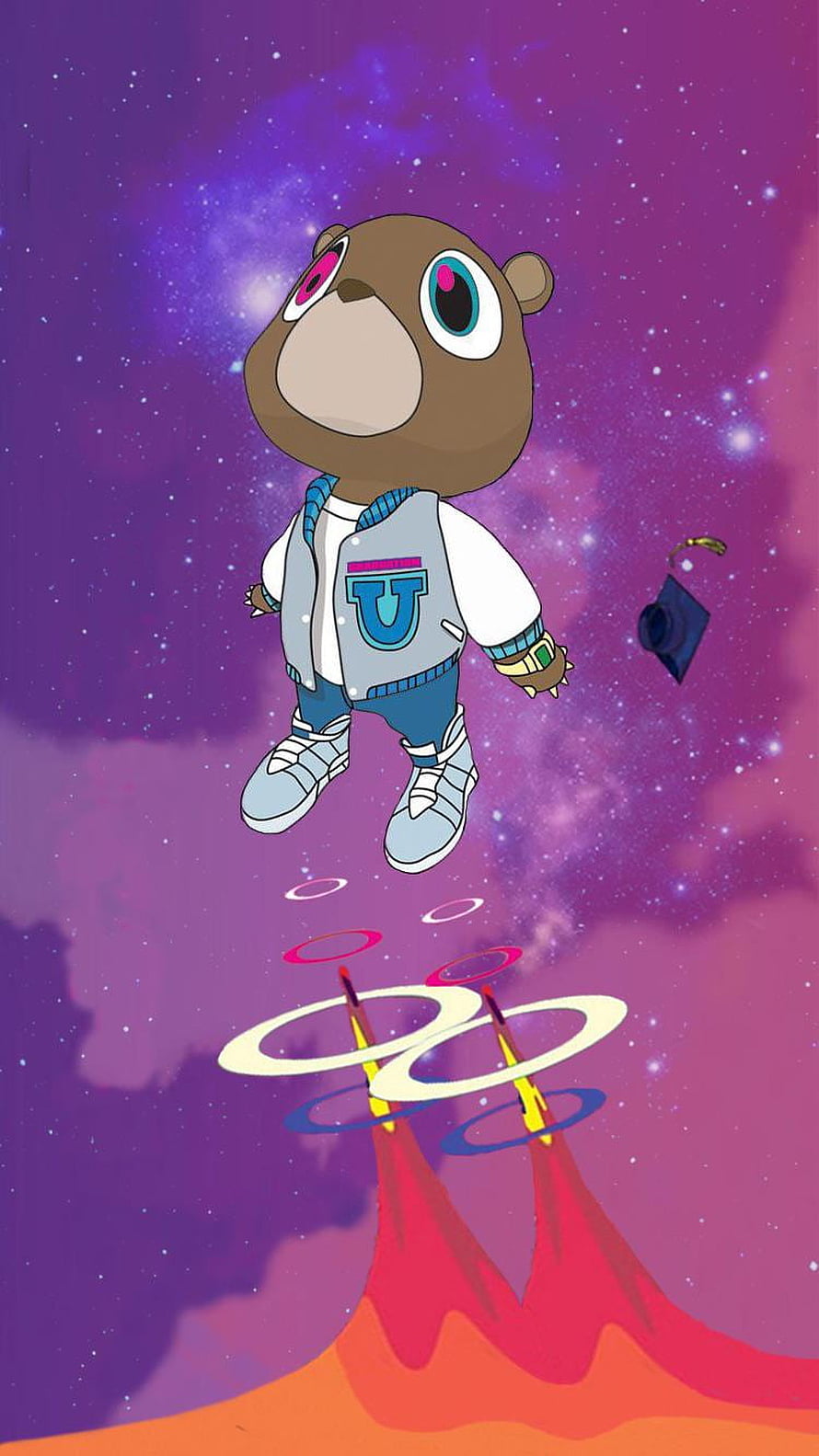 Kanye West Graduation Cartoon Bear Floating in Purple Galaxy Space HD phone wallpaper