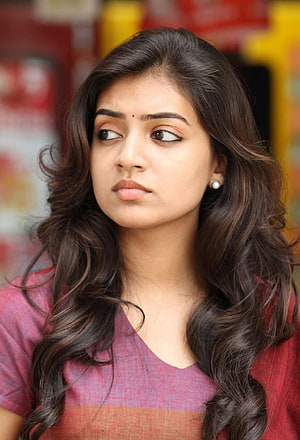 Nazriya Nazim Portrait in Red Top with Long Wavy Hair and Pearl Earring HD phone wallpaper