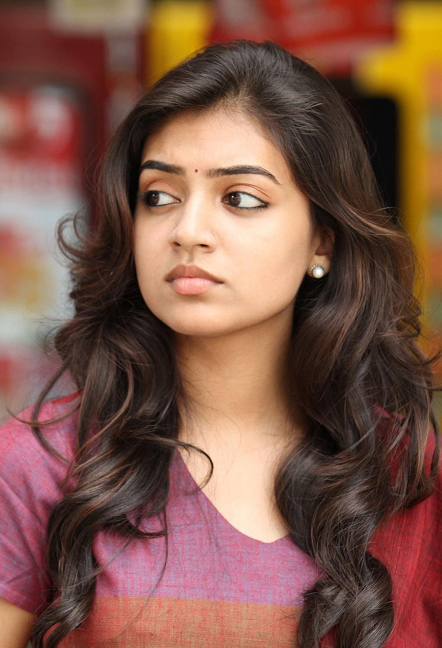 Nazriya Nazim Portrait in Red Top with Long Wavy Hair and Pearl Earring HD phone wallpaper