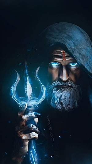 Mahadev Shiva Digital Art with Glowing Trishul and Blue Eyes HD phone wallpaper