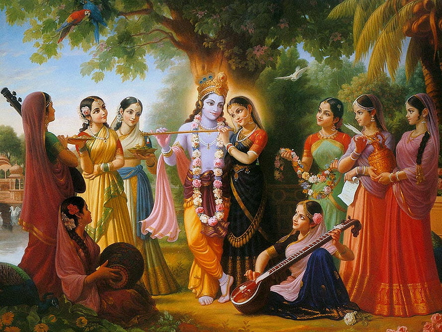 Radha Krishna Raslila with Gopis Playing Musical Instruments in a Lush Garden HD wallpaper